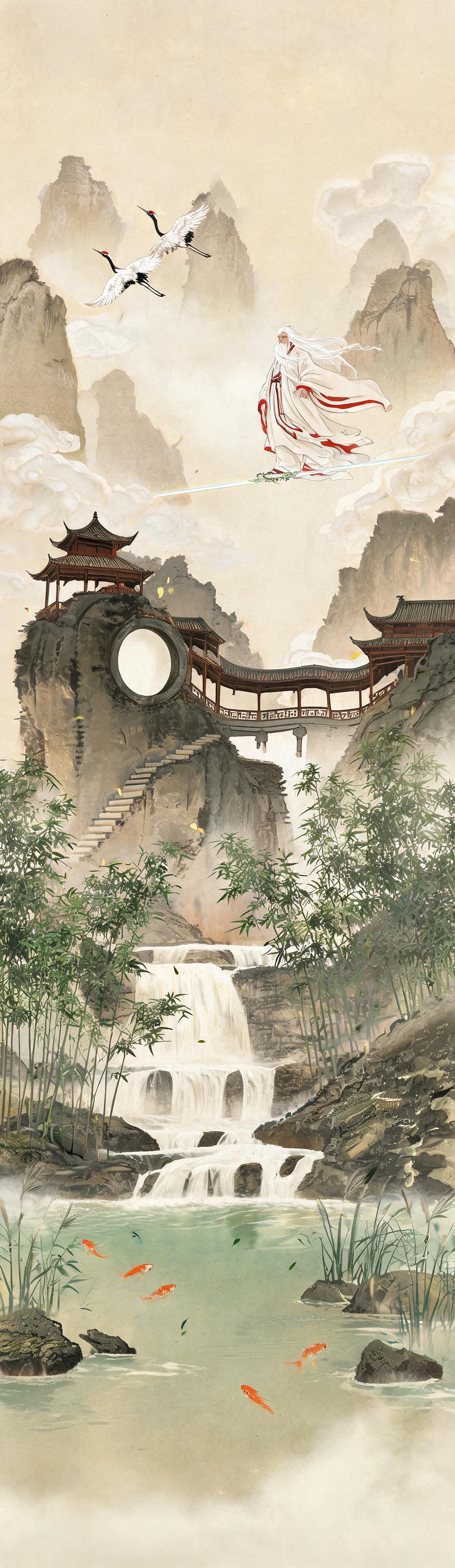 A single continuous ink-wash panel of Cloudrest Abode, read from top to bottom: cranes over misted peaks, a white-haired cultivator ascending on a jade-white flying blade, cliffside pavilions joined by a covered walk and a moon gate, a terraced waterfall, bamboo groves, and orange carp in a still jade pool.